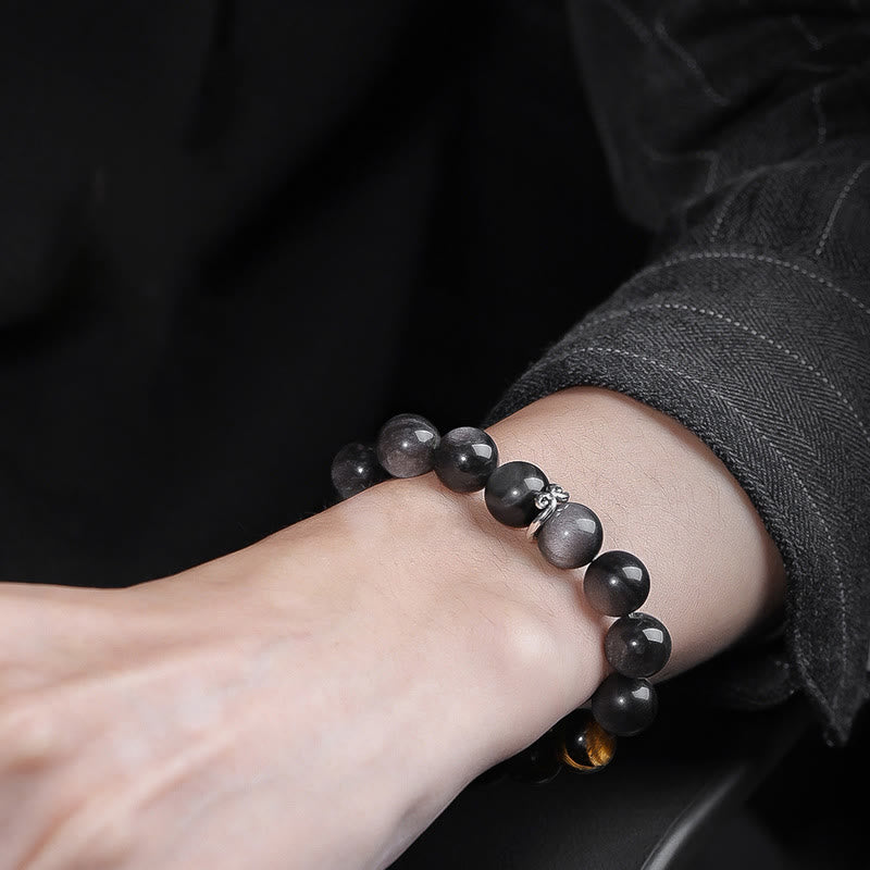 Wear FengShui Natural Silver Sheen Obsidian Tiger's Eye Six True Words 'Om Mani Padme Hum' Strength Bracelet