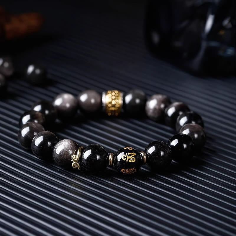 Wear FengShui Natural Silver Sheen Obsidian Tiger's Eye Six True Words 'Om Mani Padme Hum' Strength Bracelet