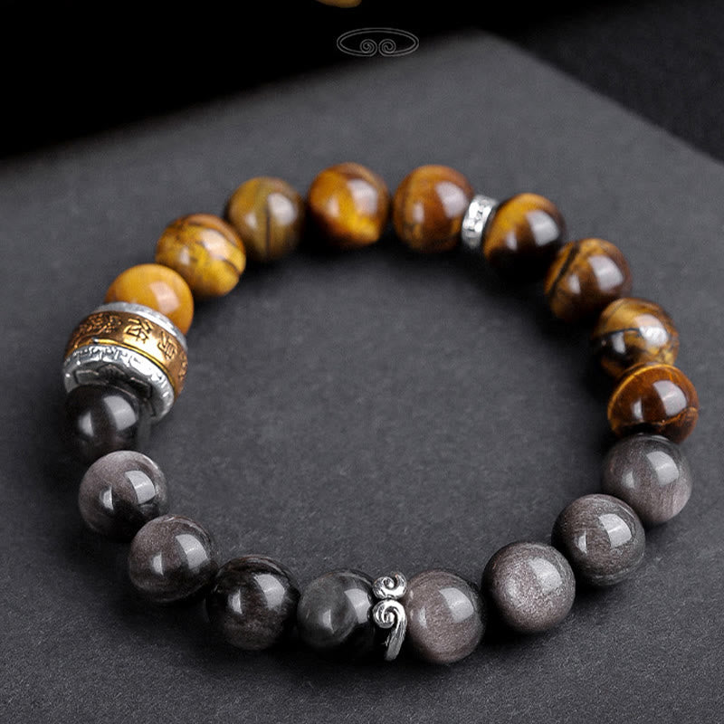 Wear FengShui Natural Silver Sheen Obsidian Tiger's Eye Six True Words 'Om Mani Padme Hum' Strength Bracelet