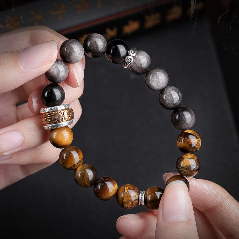 Wear FengShui Natural Silver Sheen Obsidian Tiger's Eye Six True Words 'Om Mani Padme Hum' Strength Bracelet