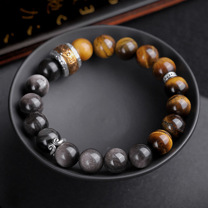 Wear FengShui Natural Silver Sheen Obsidian Tiger's Eye Six True Words 'Om Mani Padme Hum' Strength Bracelet