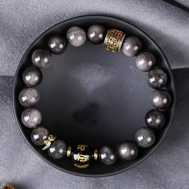 Wear FengShui Natural Silver Sheen Obsidian Tiger's Eye Six True Words 'Om Mani Padme Hum' Strength Bracelet