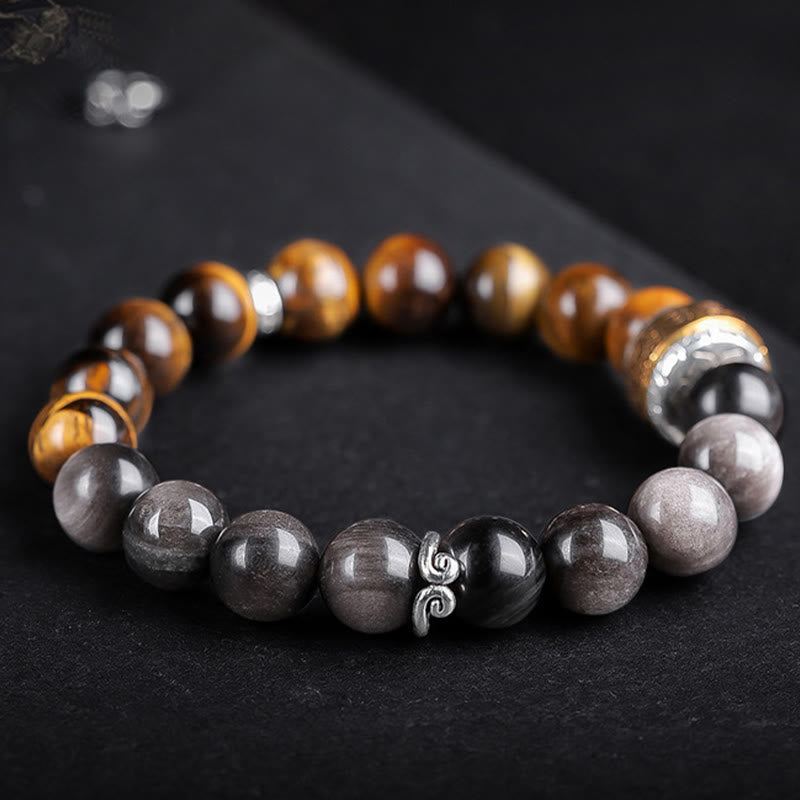 Wear FengShui Natural Silver Sheen Obsidian Tiger's Eye Six True Words 'Om Mani Padme Hum' Strength Bracelet