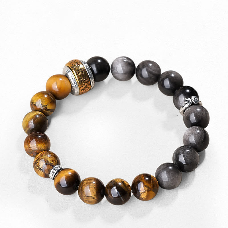 Wear FengShui Natural Silver Sheen Obsidian Tiger's Eye Six True Words 'Om Mani Padme Hum' Strength Bracelet