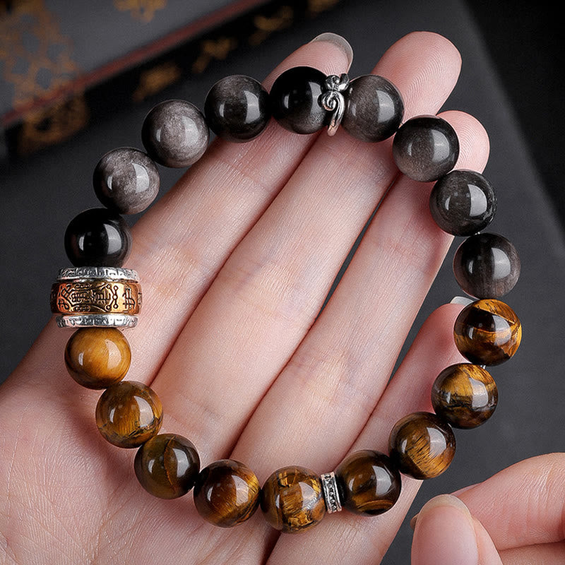 Wear FengShui Natural Silver Sheen Obsidian Tiger's Eye Six True Words 'Om Mani Padme Hum' Strength Bracelet