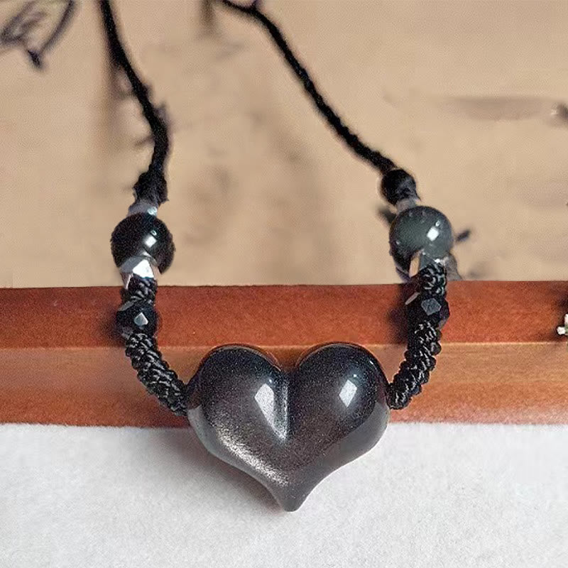 Wear FengShui Natural Silver Sheen Obsidian Heart Protection Necklace Pendant