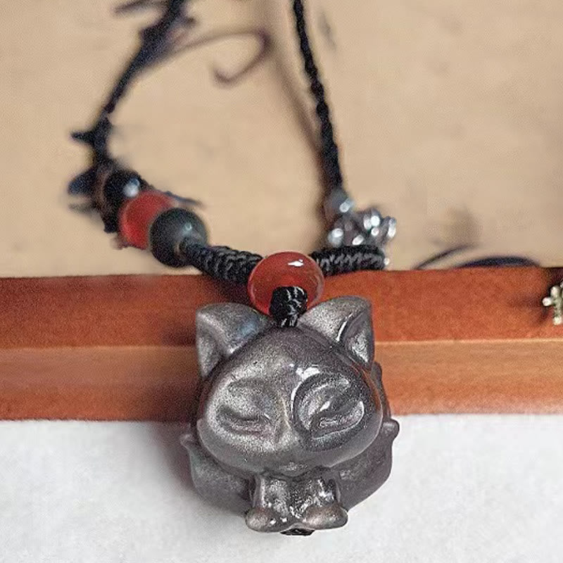 Wear FengShui Natural Silver Sheen Obsidian Nine Tailed Fox Protection Necklace Pendant