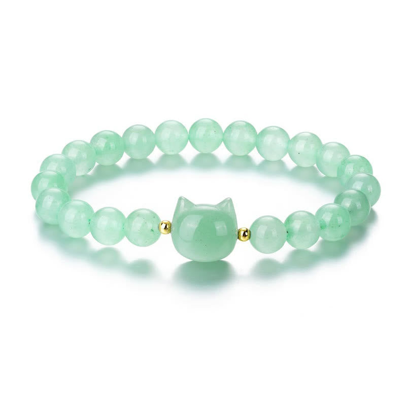 Wear FengShui Amethyst Green Aventurine Rose Quartz Fluorite Cat Head Balance Luck Bracelet