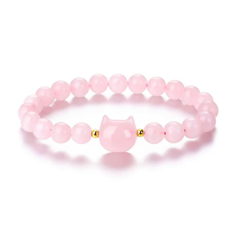 Wear FengShui Amethyst Green Aventurine Rose Quartz Fluorite Cat Head Balance Luck Bracelet