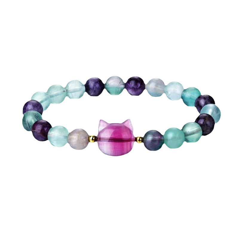 Wear FengShui Amethyst Green Aventurine Rose Quartz Fluorite Cat Head Balance Luck Bracelet