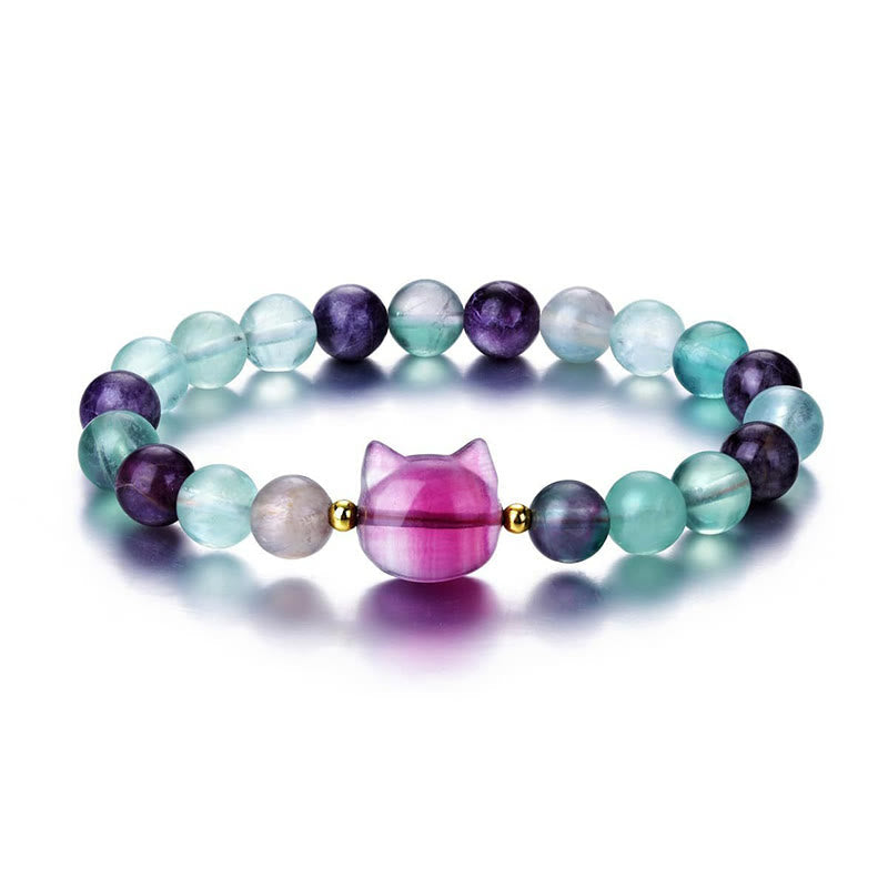 Wear FengShui Amethyst Green Aventurine Rose Quartz Fluorite Cat Head Balance Luck Bracelet