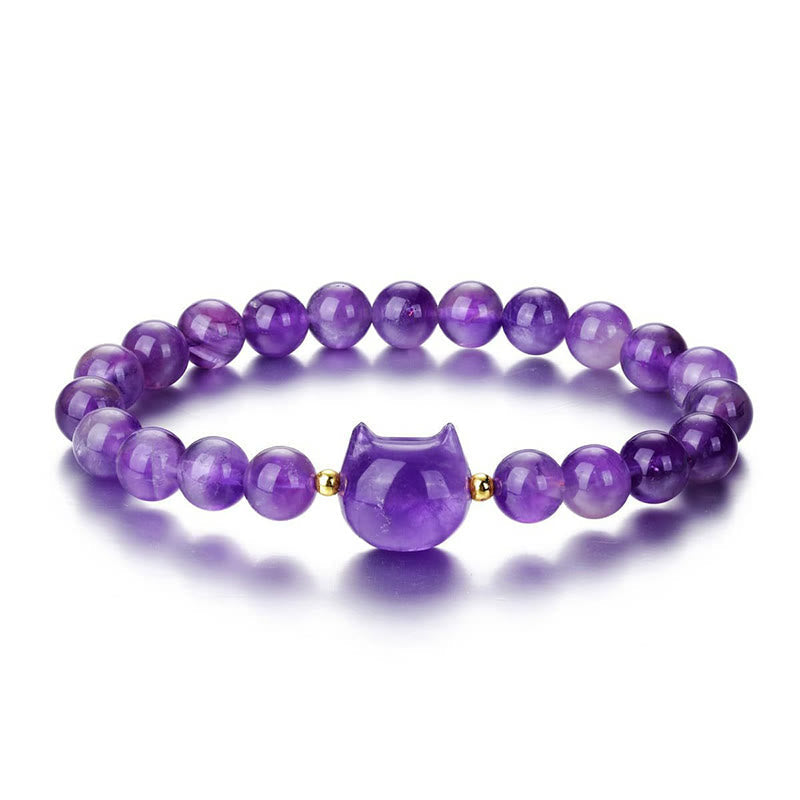 Wear FengShui Amethyst Green Aventurine Rose Quartz Fluorite Cat Head Balance Luck Bracelet