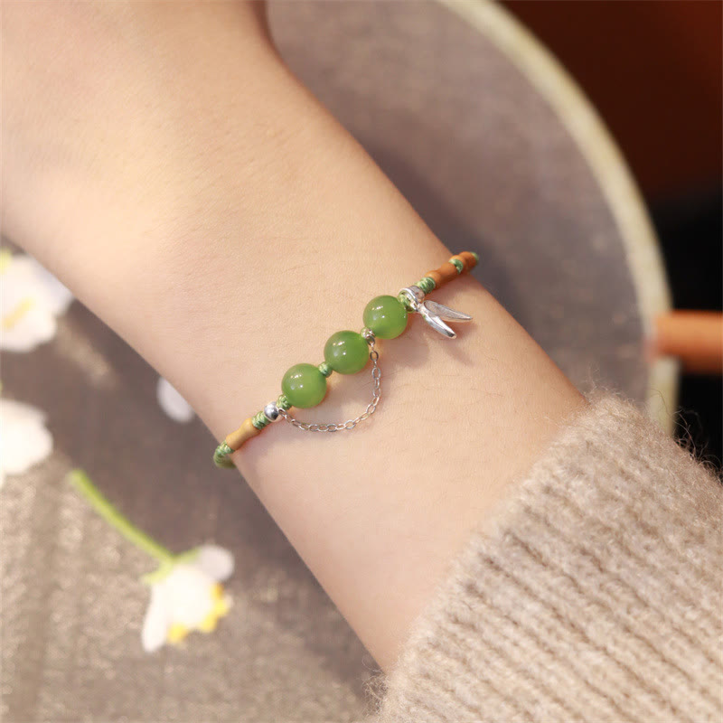 Wear FengShui 925 Sterling Silver Bamboo Leaves Hetian Jade Chalcedony Beads Blessing Braided Bracelet