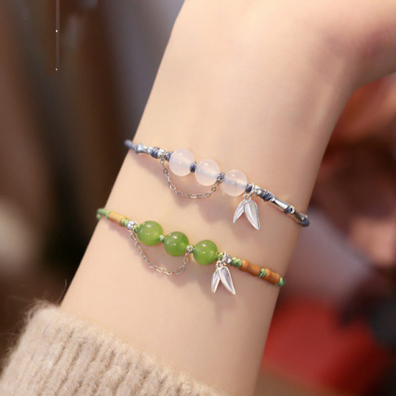 Wear FengShui 925 Sterling Silver Bamboo Leaves Hetian Jade Chalcedony Beads Blessing Braided Bracelet