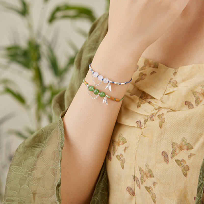 Wear FengShui 925 Sterling Silver Bamboo Leaves Hetian Jade Chalcedony Beads Blessing Braided Bracelet