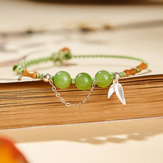 Wear FengShui 925 Sterling Silver Bamboo Leaves Hetian Jade Chalcedony Beads Blessing Braided Bracelet