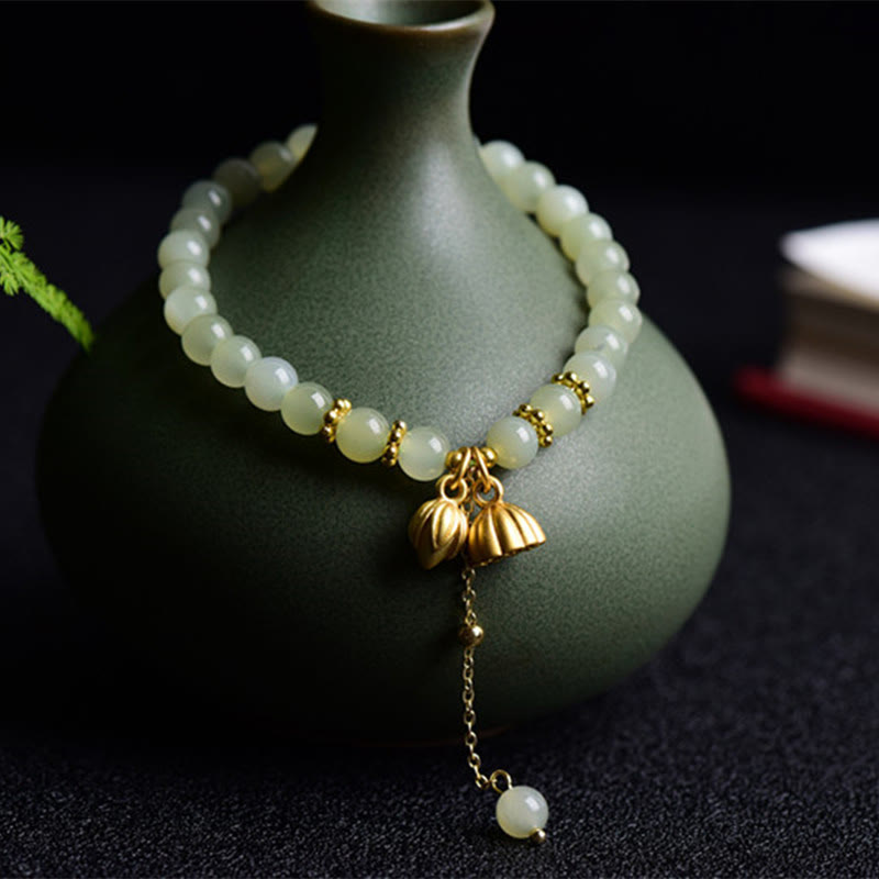 Wear FengShui Natural Hetian Jade Lotus Luck Bracelet