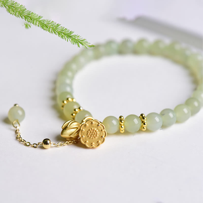 Wear FengShui Natural Hetian Jade Lotus Luck Bracelet