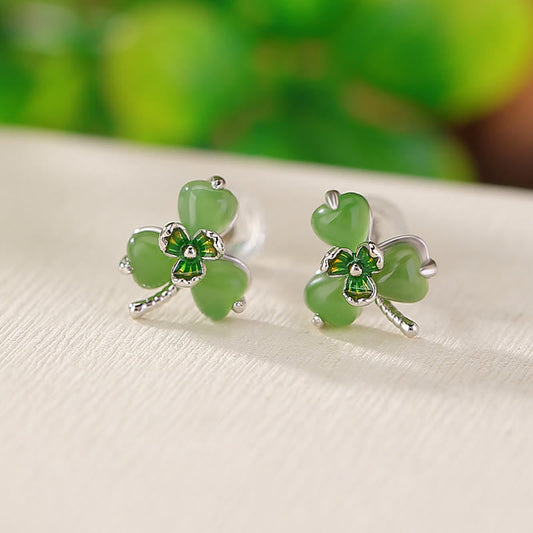 Wear FengShui 925 Sterling Silver Enamel Hetian Jade Shamrock Luck Earrings