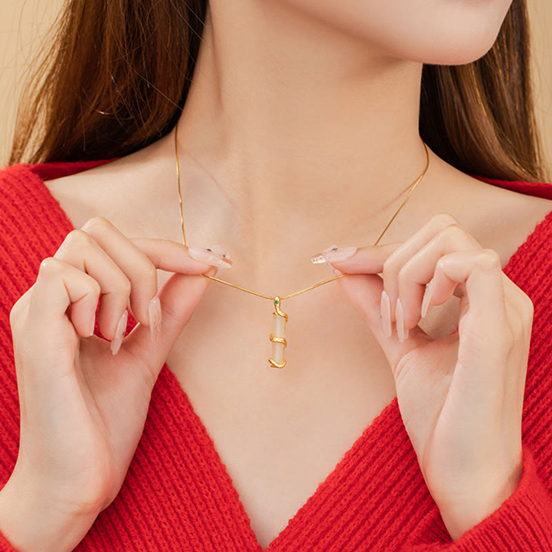 Wear FengShui Hetian Jade 925 Sterling Silver Year of the Snake Bamboo Growth Necklace Pendant