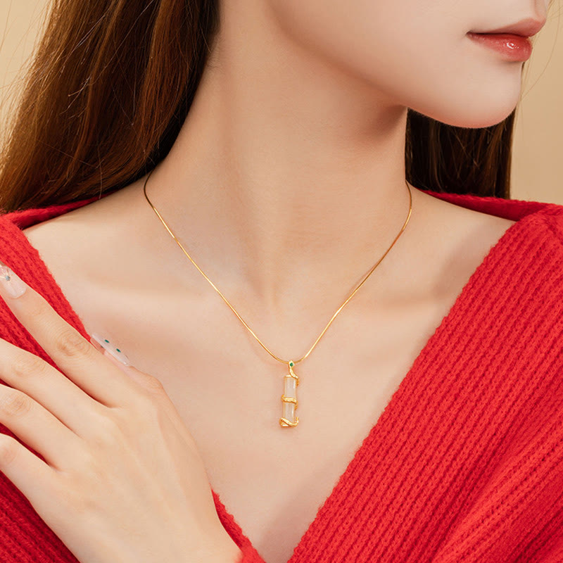 Wear FengShui Hetian Jade 925 Sterling Silver Year of the Snake Bamboo Growth Necklace Pendant