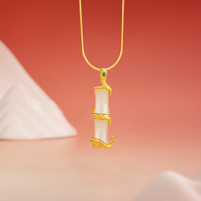 Wear FengShui Hetian Jade 925 Sterling Silver Year of the Snake Bamboo Growth Necklace Pendant