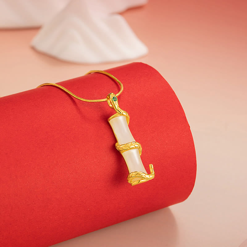 Wear FengShui Hetian Jade 925 Sterling Silver Year of the Snake Bamboo Growth Necklace Pendant