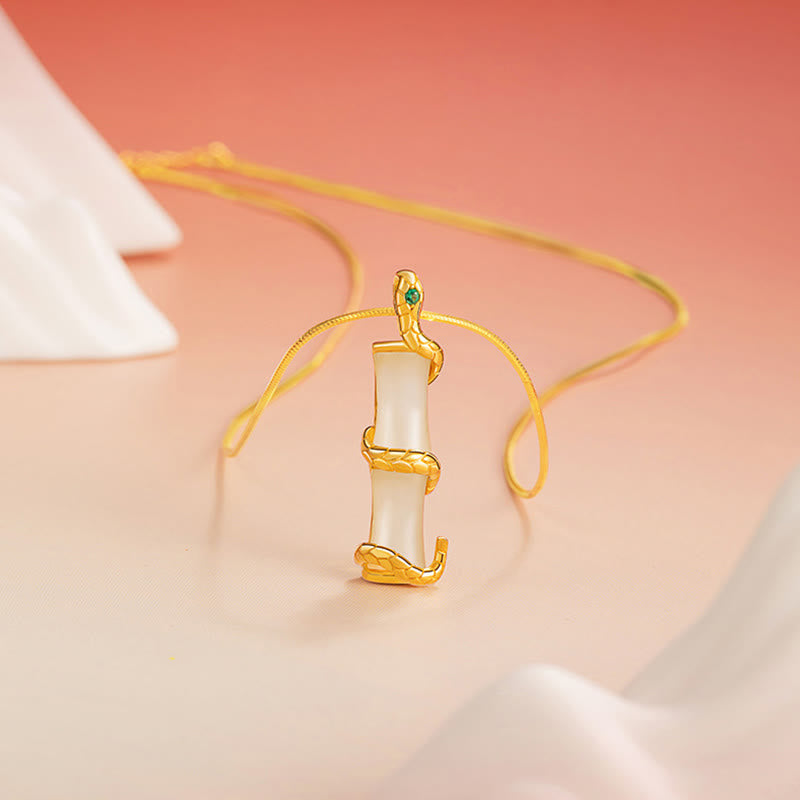 Wear FengShui Hetian Jade 925 Sterling Silver Year of the Snake Bamboo Growth Necklace Pendant