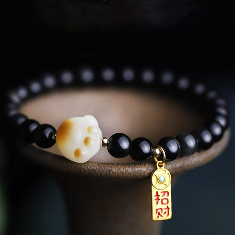 Wear FengShui Black Obsidian Cat Paw Bodhi Seed Lucky Fortune Charm Purification Bracelet