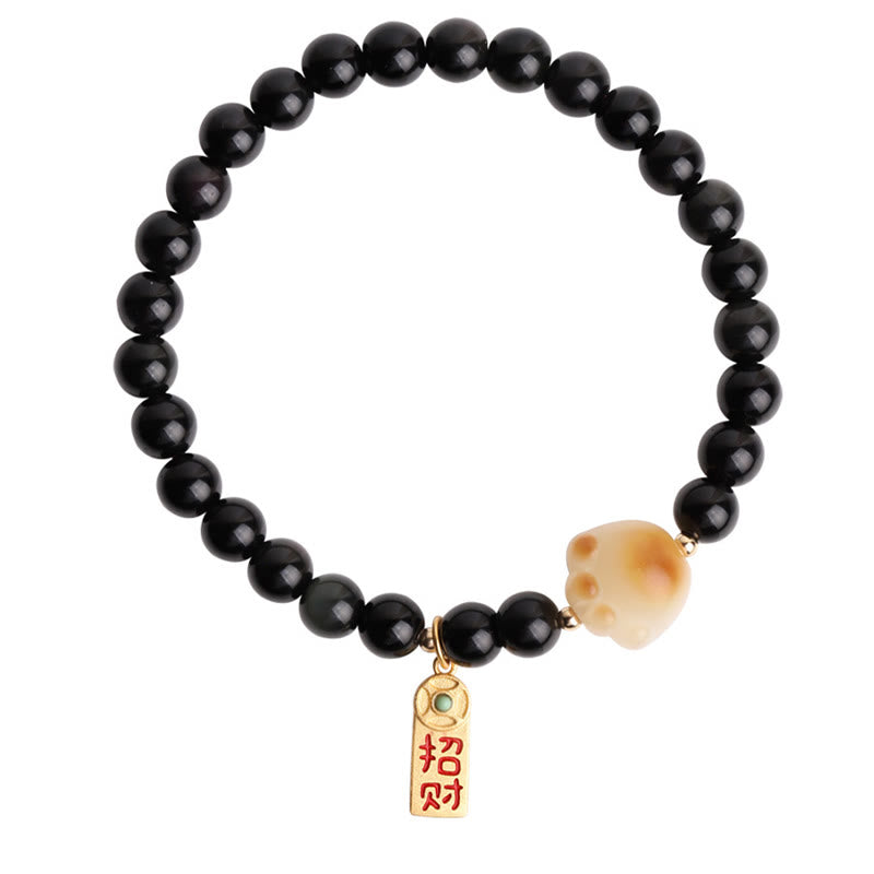Wear FengShui Black Obsidian Cat Paw Bodhi Seed Lucky Fortune Charm Purification Bracelet