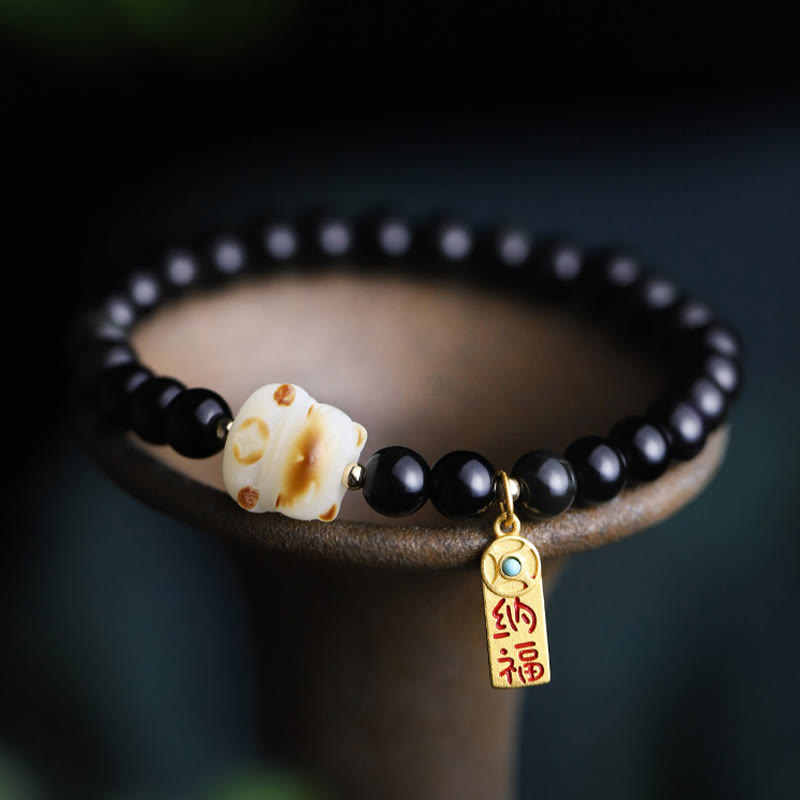 Wear FengShui Black Obsidian Cat Paw Bodhi Seed Lucky Fortune Charm Purification Bracelet