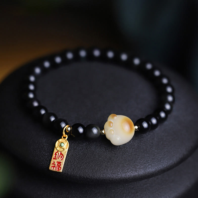Wear FengShui Black Obsidian Cat Paw Bodhi Seed Lucky Fortune Charm Purification Bracelet