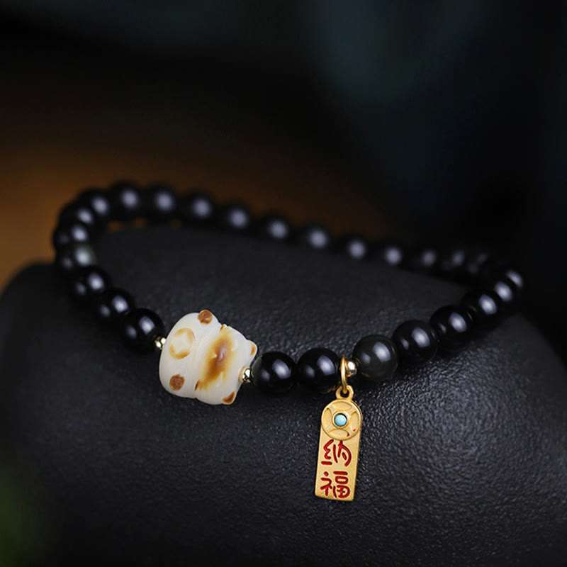 Wear FengShui Black Obsidian Cat Paw Bodhi Seed Lucky Fortune Charm Purification Bracelet