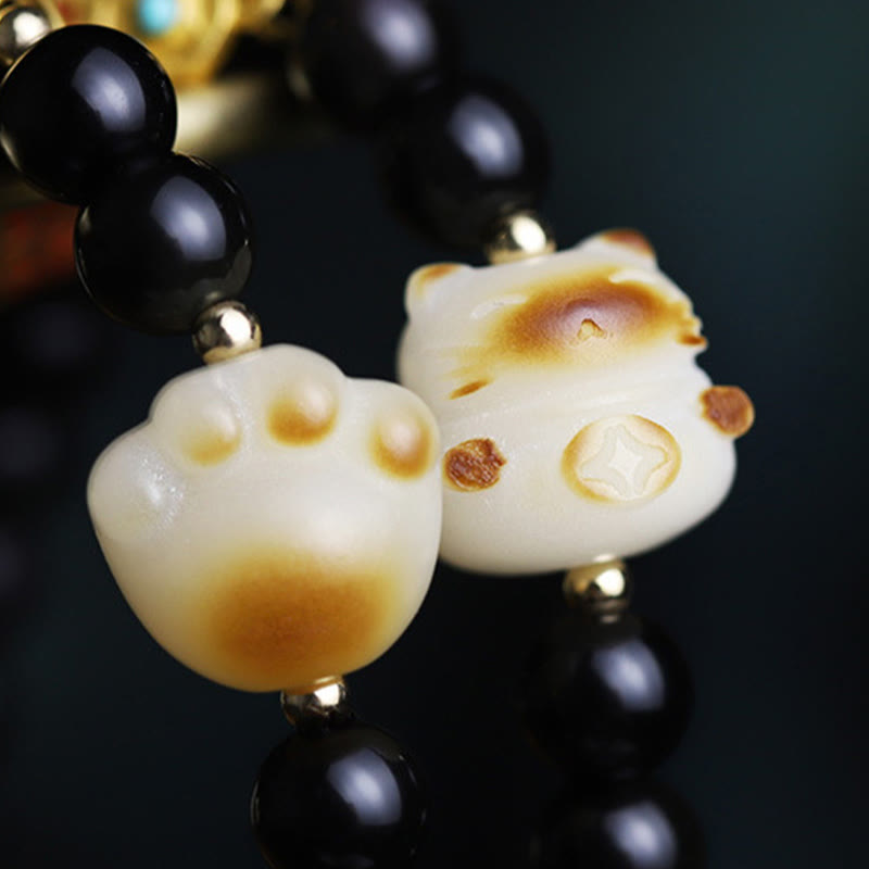 Wear FengShui Black Obsidian Cat Paw Bodhi Seed Lucky Fortune Charm Purification Bracelet