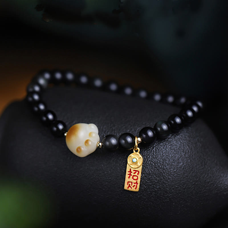 Wear FengShui Black Obsidian Cat Paw Bodhi Seed Lucky Fortune Charm Purification Bracelet