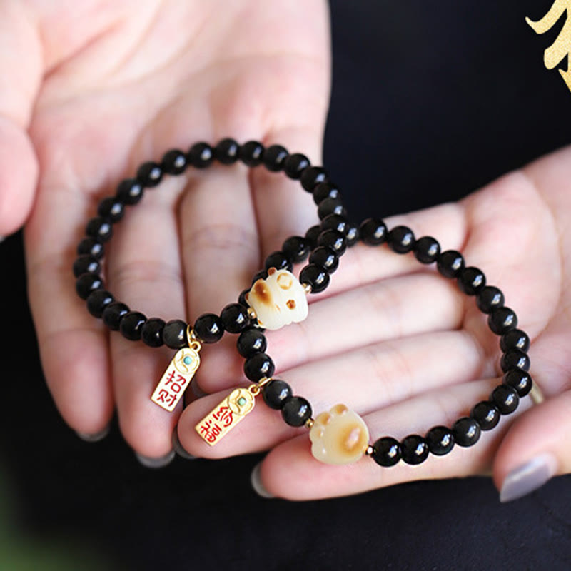 Wear FengShui Black Obsidian Cat Paw Bodhi Seed Lucky Fortune Charm Purification Bracelet