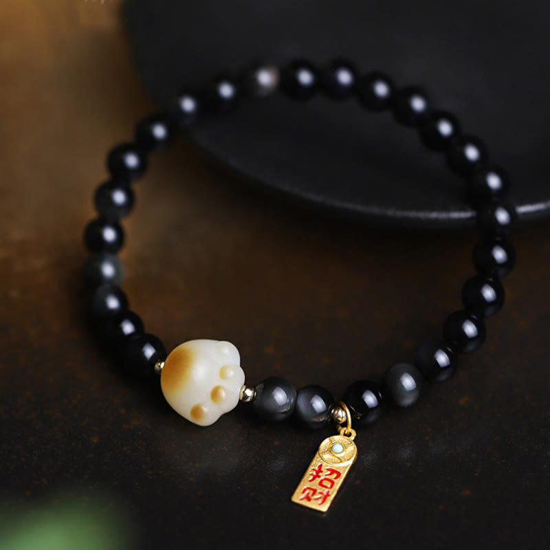 Wear FengShui Black Obsidian Cat Paw Bodhi Seed Lucky Fortune Charm Purification Bracelet