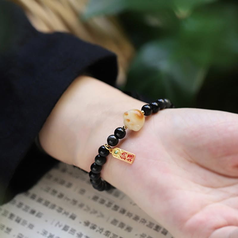 Wear FengShui Black Obsidian Cat Paw Bodhi Seed Lucky Fortune Charm Purification Bracelet