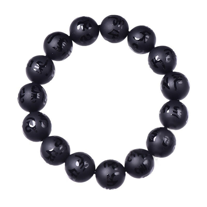 Wear FengShui Natural Black Onyx Om Mani Padme Hum Carved Protection Bracelet