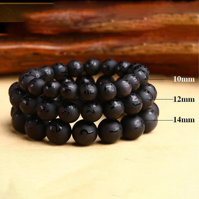 Wear FengShui Natural Black Onyx Om Mani Padme Hum Carved Protection Bracelet