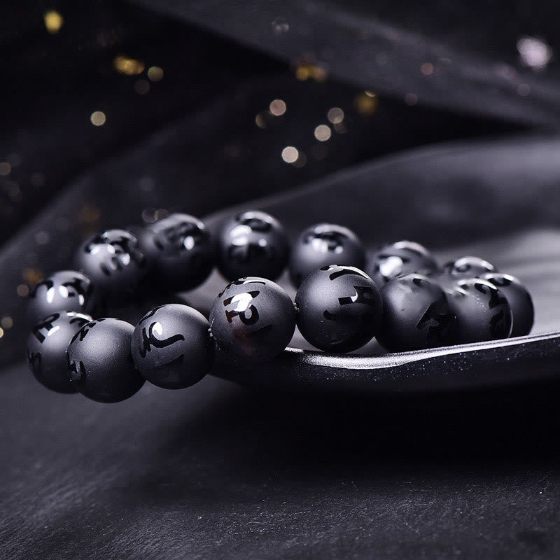 Wear FengShui Natural Black Onyx Om Mani Padme Hum Carved Protection Bracelet