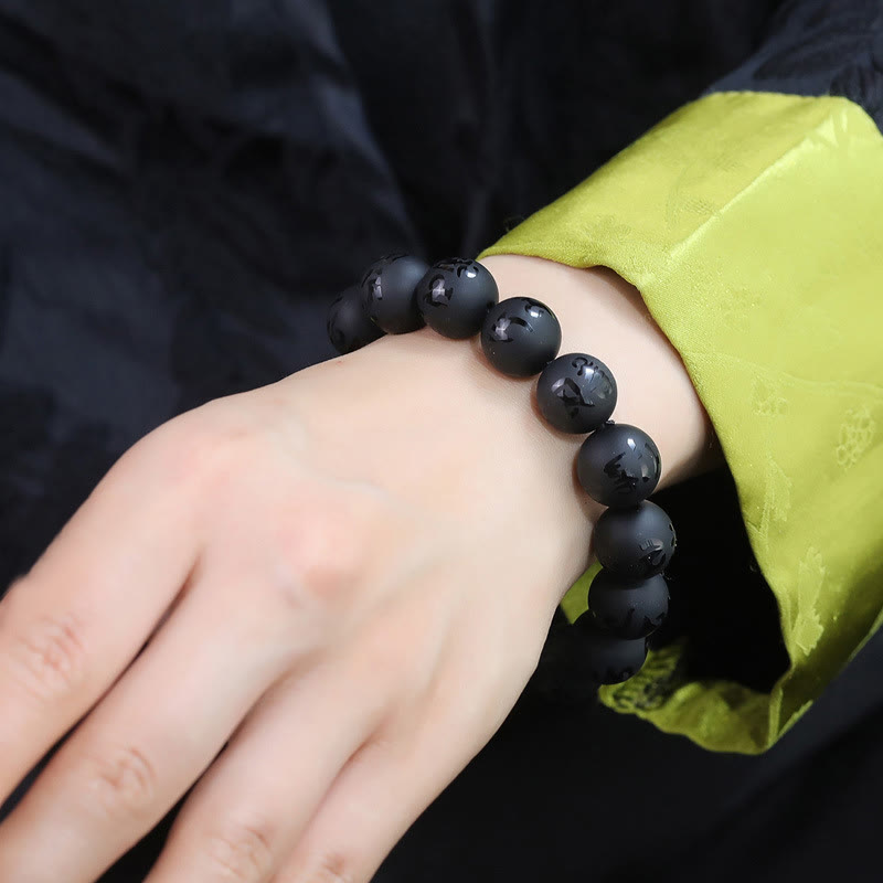 Wear FengShui Natural Black Onyx Om Mani Padme Hum Carved Protection Bracelet
