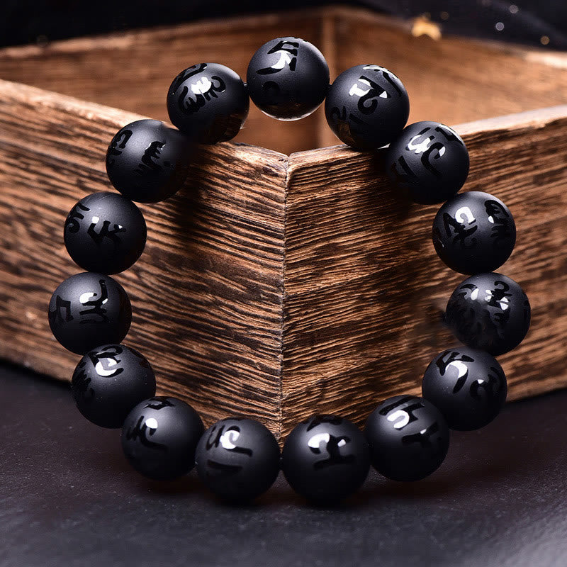 Wear FengShui Natural Black Onyx Om Mani Padme Hum Carved Protection Bracelet