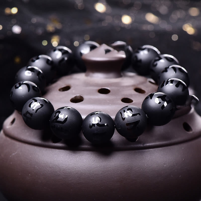 Wear FengShui Natural Black Onyx Om Mani Padme Hum Carved Protection Bracelet
