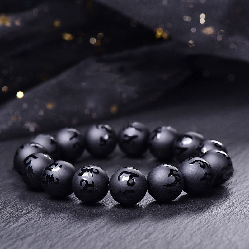 Wear FengShui Natural Black Onyx Om Mani Padme Hum Carved Protection Bracelet