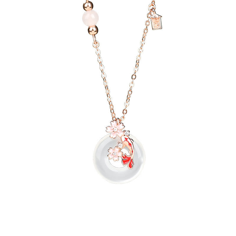 Wear FengShui Chalcedony Pink Crystal 925 Sterling Silver Flowers Koi Fish Peace Buckle Positive Necklace Pendant