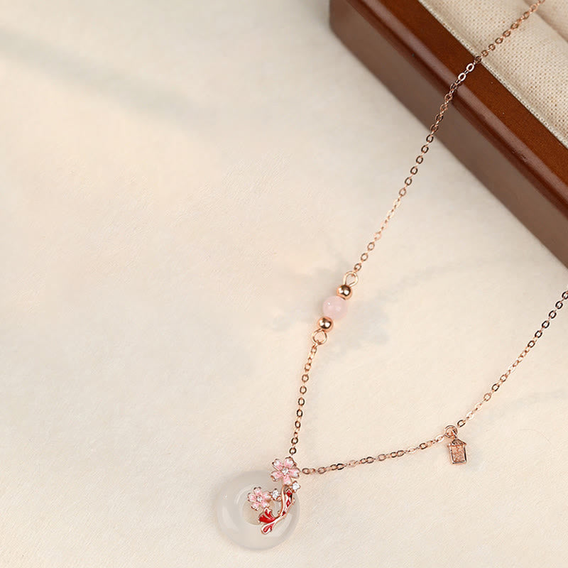 Wear FengShui Chalcedony Pink Crystal 925 Sterling Silver Flowers Koi Fish Peace Buckle Positive Necklace Pendant