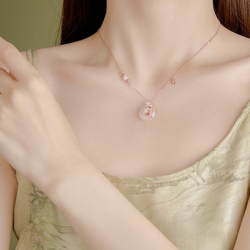 Wear FengShui Chalcedony Pink Crystal 925 Sterling Silver Flowers Koi Fish Peace Buckle Positive Necklace Pendant