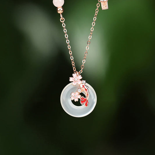 Wear FengShui Chalcedony Pink Crystal 925 Sterling Silver Flowers Koi Fish Peace Buckle Positive Necklace Pendant