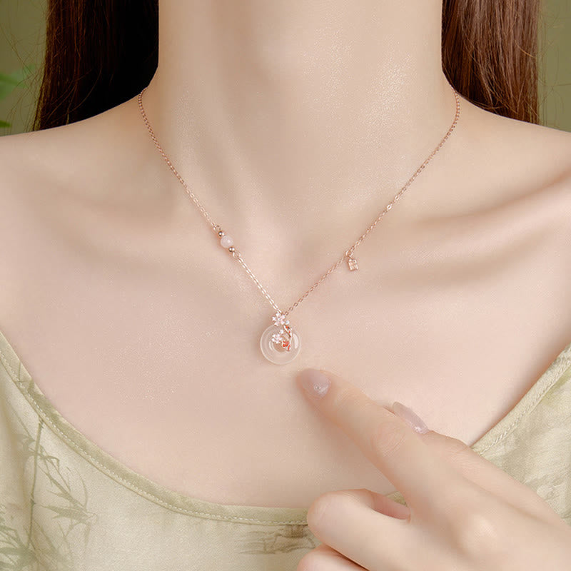 Wear FengShui Chalcedony Pink Crystal 925 Sterling Silver Flowers Koi Fish Peace Buckle Positive Necklace Pendant